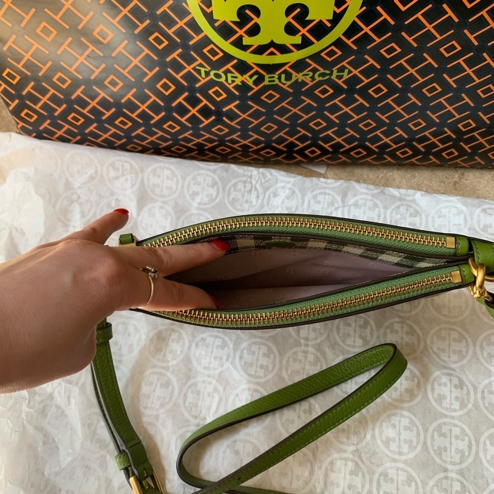 Tory Burch Blake Printed Double Zip Slim Crossbody Springham Green gingham - Picture 7 of 12